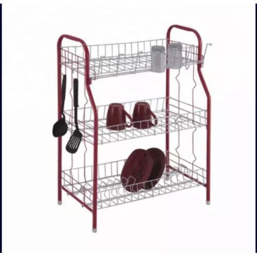 3 Tier Stainless Steel Dish Drainer Storage Rack - Red, Black