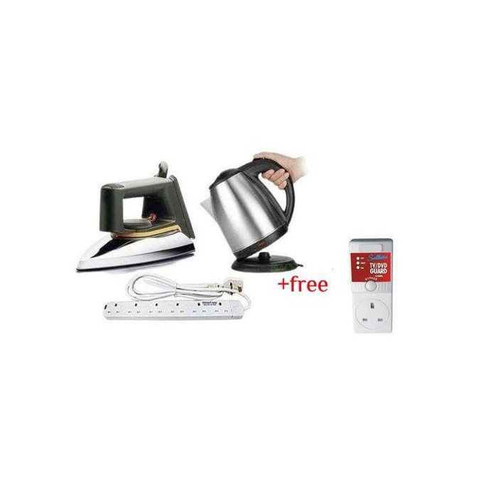 6 Way Extension Cable, Electric Kettle 2L & Flat Iron, Plus A Free TV Guard - Silver, White