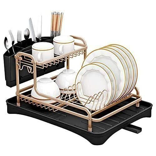 2 Tier Dish Drying Rack Bowl Plate Drainer With Drip Tray, Sink Draining Board Utensil & Cutting Board Holder for Kitchen Counter, Space Saving Kitchen Organizer- Multicolor