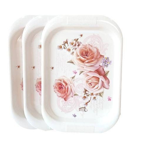 3 Pieces Set Of Melamine Trays-Flower May Vary/White
