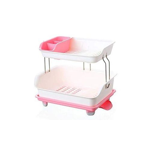 2 Tier Kitchen Sink Dish Drainer Drying Rack Washing Holder Large Plastic Basket with Tray Plastic-Multicolor)