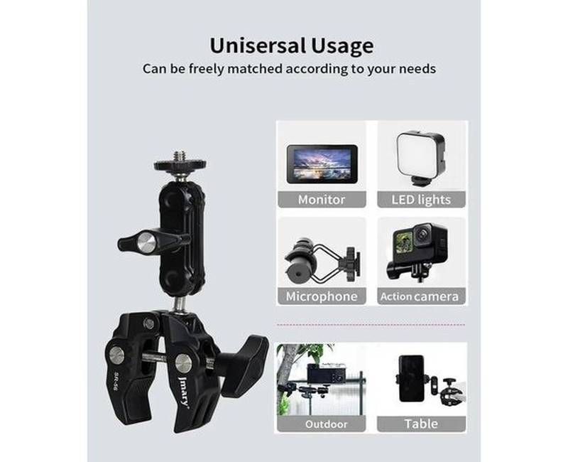 SR-56 Super Clamp Camera Bike Motorcycle Mount, Handlebar Tube Bar Holder Attach Clip 360 Magic Arm Extension Adapter Cycling Accessory for GoPro 12 11 10 9 8 Insta360 DJI Action SLR DSLR Phone -Black