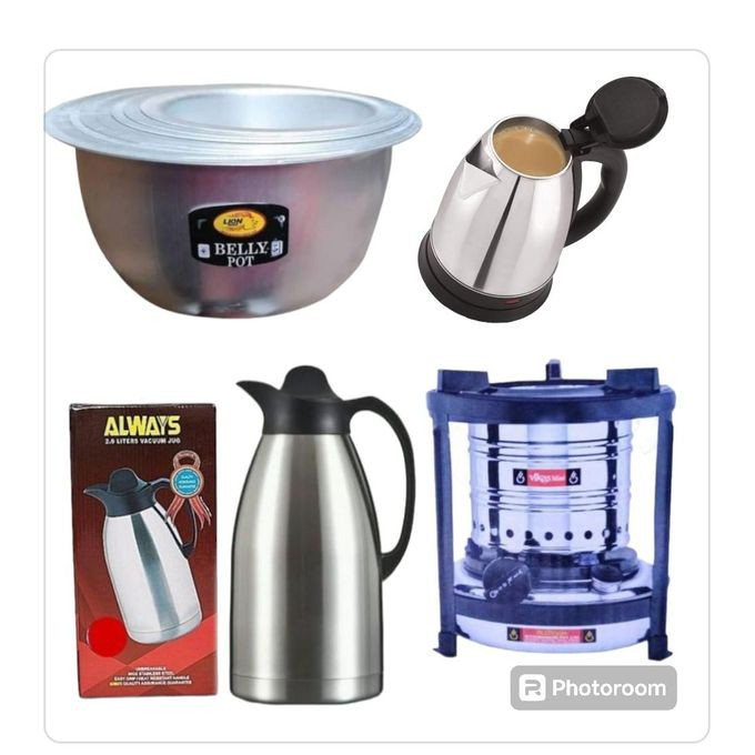 4 In 1 Fast Boiling Percolator 2Litres Kettle, 8Pcs Set Of Aluminium Saucepans, Mini Wick Stove Plus Stainless Steel Vacuum Flask Jug 2.0L - Sliver