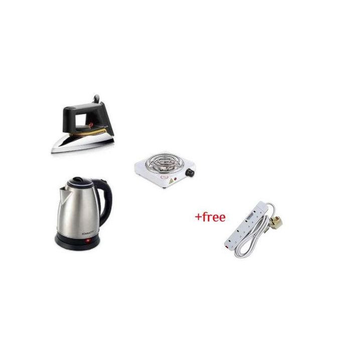 Original 2L Electric Kettle, Flat Iron & Single Coil Hotplate Plus A Free 4 Way Extension- Silver