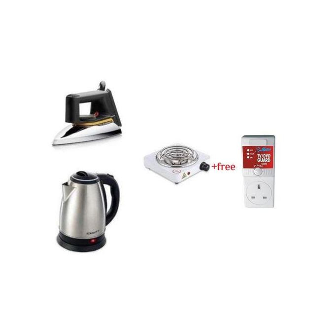 2L Electric Kettle, Flat Iron & Single Coil Hotplate Plus A Free TV Guard - Silver