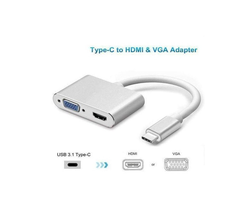 2 in 1 USB Type C Hub 4K HDMI & VGA Port Display Adapter Splitter Box - Grey