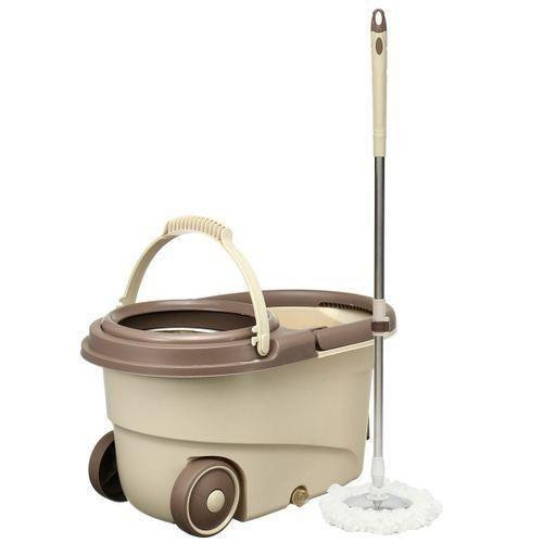 360 Detachable Mop Bucket Set With Wheels Spin Head Noozle Clean Broom - Cream