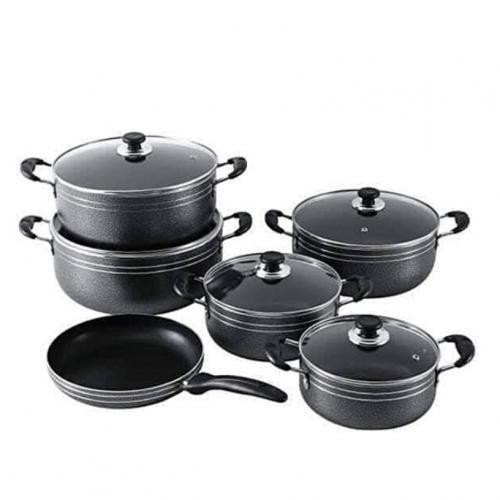 11pcs Aluminium Nonstick stock cooking pots and fry pan with heavy quality cookware set Serving Dishes- Black