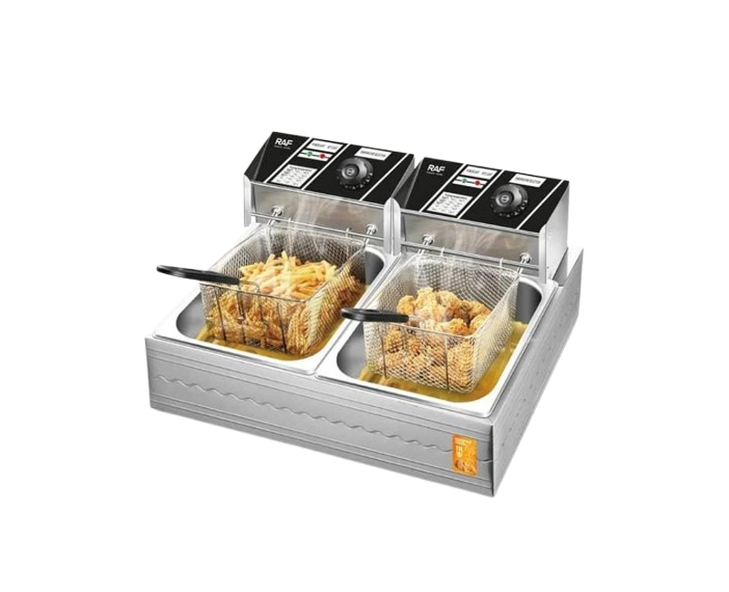 11 Litre Automatic Commercial 5.5L+5.5L Double 2 Basket Stainless Steel Electric Deep Fryer Countertop Frying Pan For Chicken Chips French Fries Home Kitchen Restaurant Food Cooker- Silver RAF