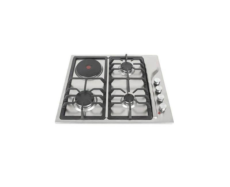 3 Gas Burner Cooker+1 Electric Hot Plate Auto Ignition Built In Table Top Cooktop Hob Stove With Stainless Steel Panel Metal Knob Cast Iron Pan- Silver Digiwave