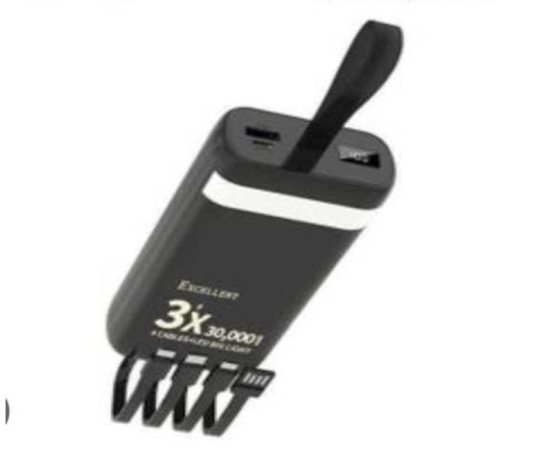 Portable Power Bank Of 30000mAh For Fast Charging With Torch And 4 Cables-Black/White