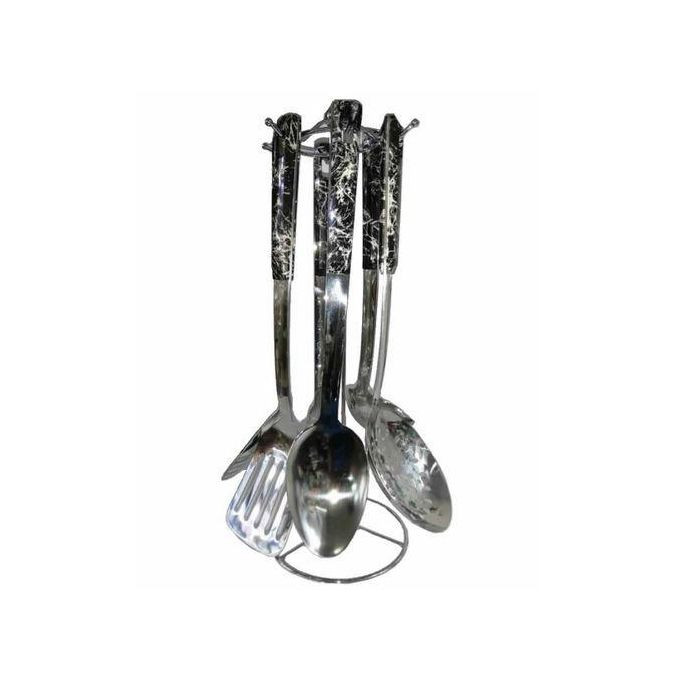 7 Piece Stainless Steel Animal Print Holder Kitchen Tool Cooking Utensils Serving Spoons Cutlery Laddle Set-Silver.