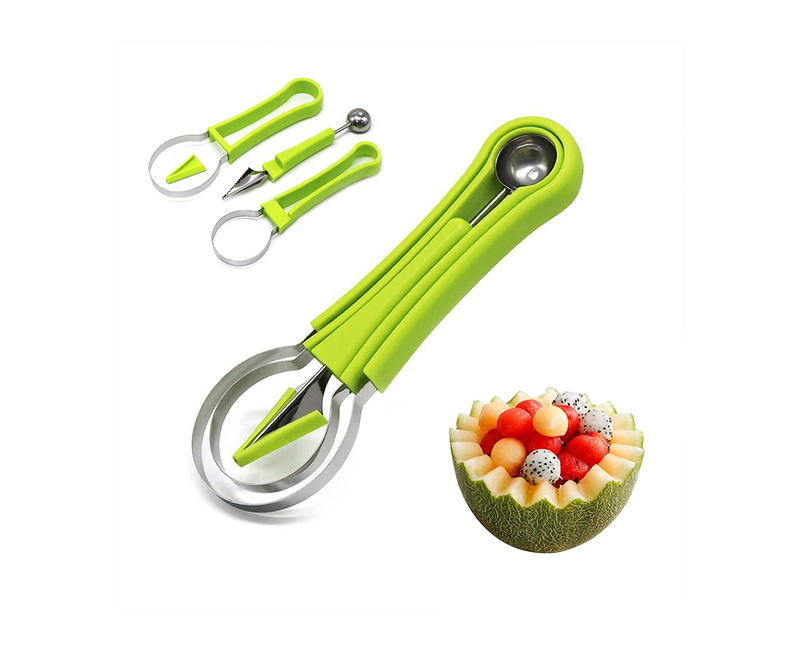 Melon Baller Scoop Set 4 In1 Stainless Steel Watermelon Cutter For Fruit Slicer Dig Pulp Separator Pumpkin Carving Kit - Green