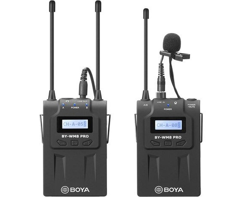 BY-WM8Pro-K1 Professional 48-Channel UHF Wireless Lavalier Microphone System with Dual-Channel Receiver for DLSR, Mirrorless & Video Cameras, Black