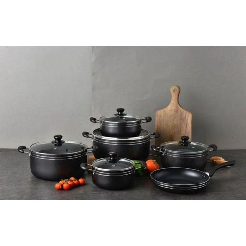 TC Heavy duty black 14 piece Non Stick Cookware Set / Sufuria With A Pan and glass lids