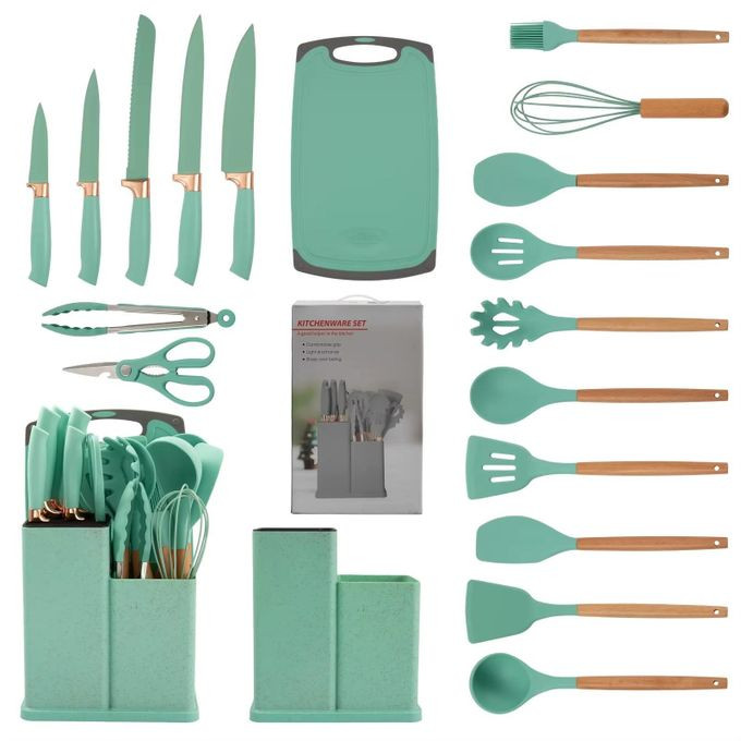 Silicone Kitchen Cooking Utensil Set & Knives - Green