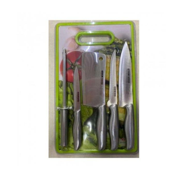 Silver Knife Set With Sharpner & Cutting Board -Multicolor