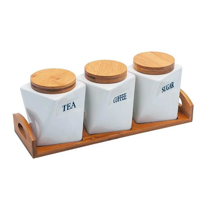 3 Canisters Set With Wooden Wavey Stand Tray & Bamboo Lid Condiment Airtight Jars Set- White.