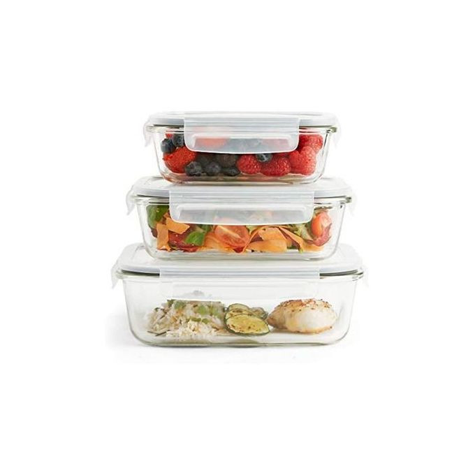 3 Piece Food Safe Microwave Oven Safe Glass Bowls Fridge Containers -White.