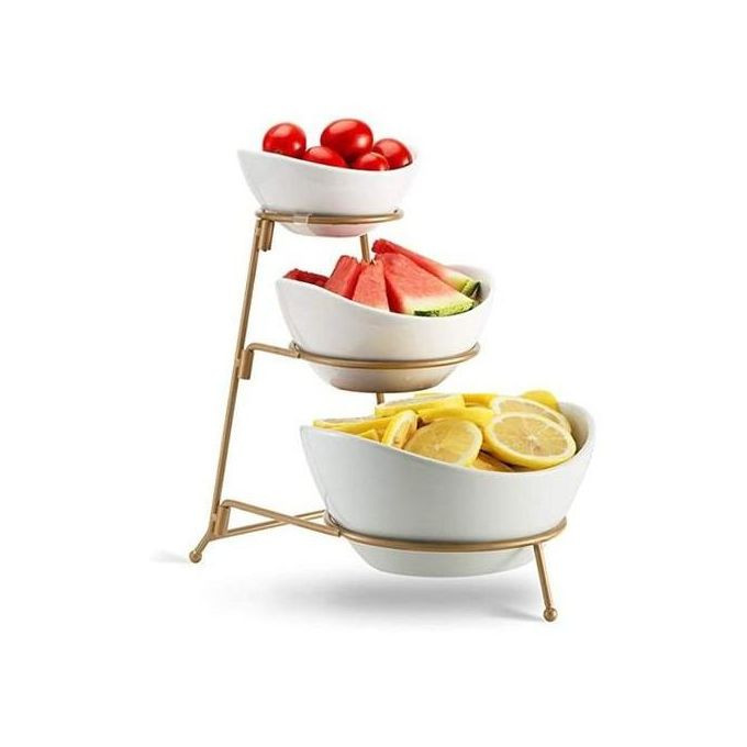 3 Tier Serving Bowls, DishesWith Gold Stand, Appetizers Party Server Set, White.