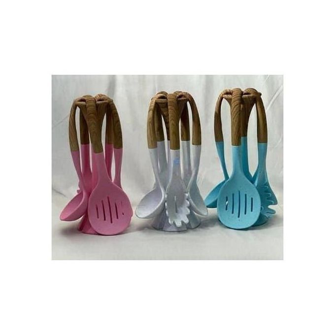 1 Set Ultimate 6-Piece Silicone Cooking Spoon Serving Utensil Laddles And Stand - Multicolor