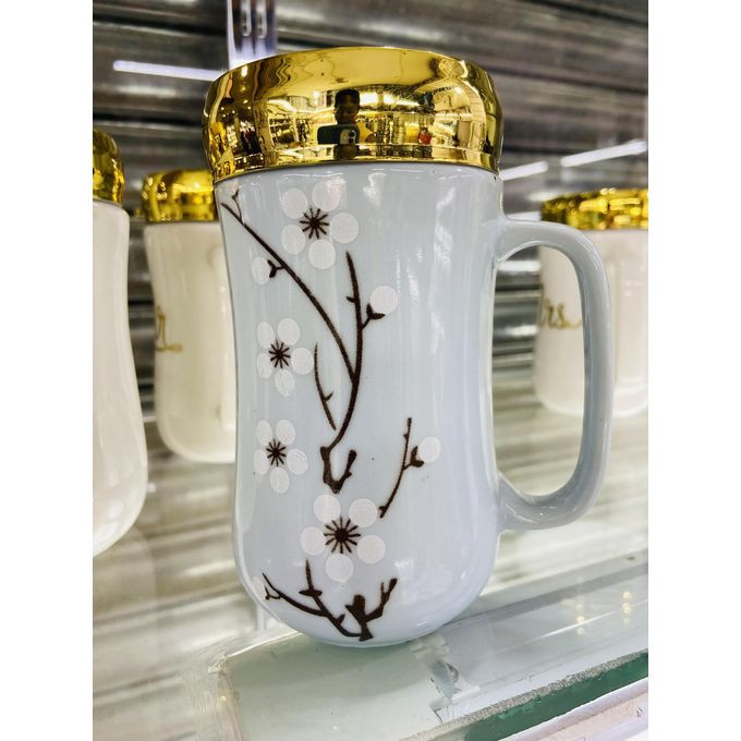 Milda Ceramic Coffee Mug Tea Cup Milk Mug White Decal with mirror lid 400 ml