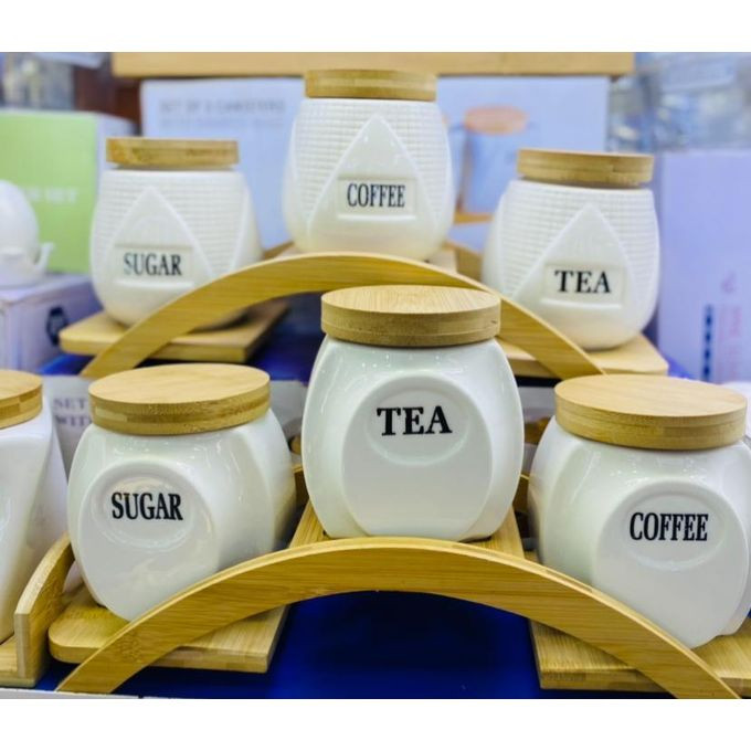 6 pcs coffee canisters with wooden base