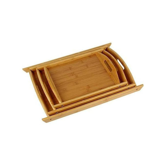 3 Piece Wooden Bamboo Serving Trays Platter - Brown