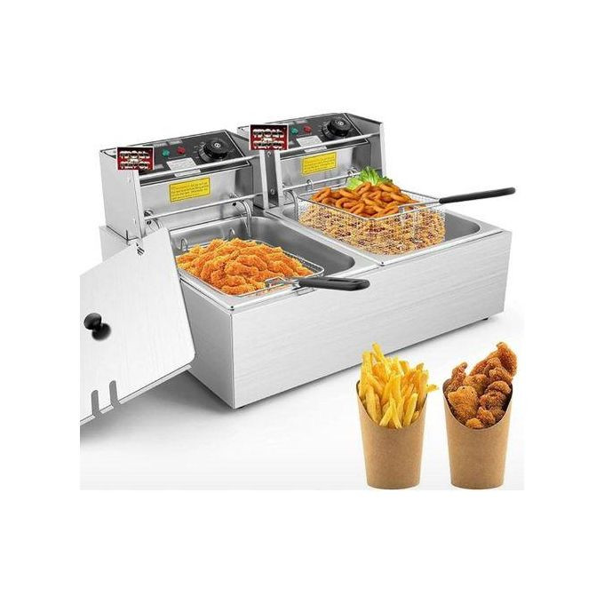 Double Electric Deep Fryer with Basket Commercial Deep Fryer Stainless Steel Dual Tank with Lid Adjustable Temperature Knob Oil Filtration for French Fries, Donuts, Chicken, Chips