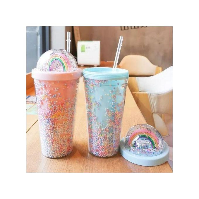 2-Layer Ice Cream & Juice Bottle Cup with Straw - Multicolor