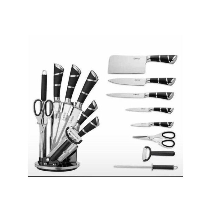 TFSeven kitchen knife set, 9-piece sharp knife block set with sander, professional stainless steel knife set