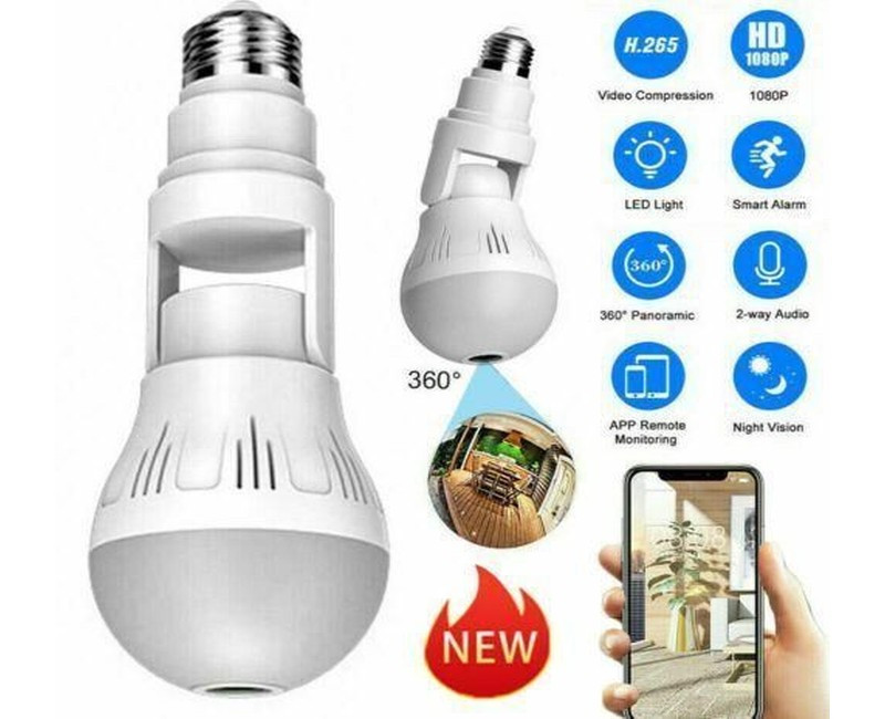 Wireless IP Wifi Panoramic Security CCTV Bulb Spy Camera Watch Your Home Full Time-White