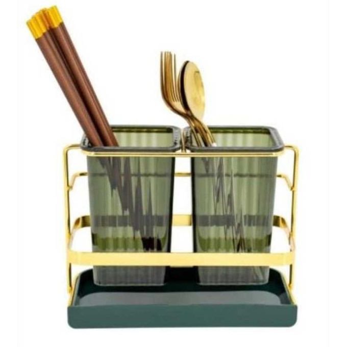 Kitchen Utensil Holder Countertop 2 Cups Cooking Cutlery Rack For Fork Spoon Knife Spatula- Green.