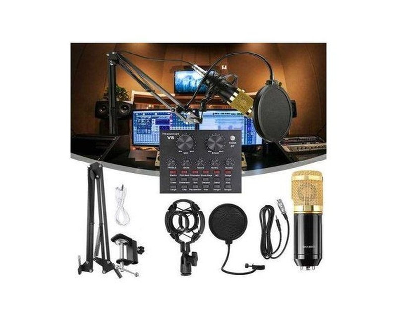 Microphone with V8 BM800 sound card kit, supporting capacitor, USB, Bluetooth, studio recording, professional karaoke - black