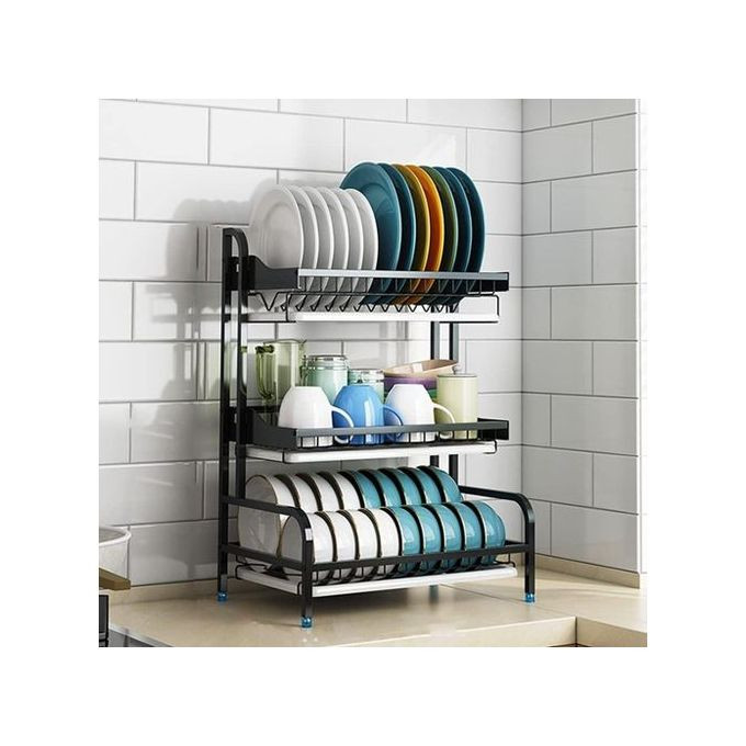 3-Tier Dish Rack 304 Stainless Steel Dish Drainer with Drainer Board - Black