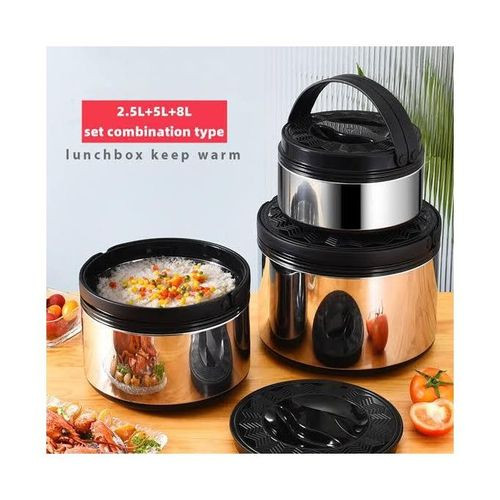 3-Piece Stainless Steel Insulated Casserole Hot-Pot Cookware Set - 2.5L, 5L, 8L - Black, Green, Blue.