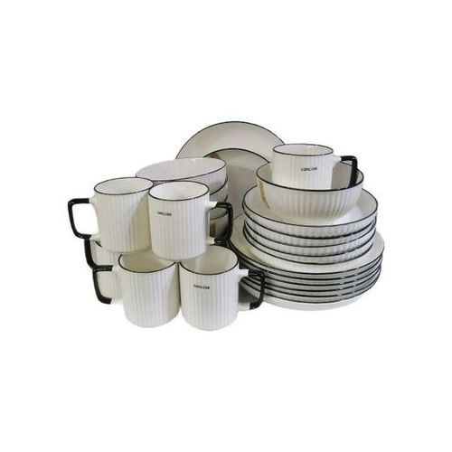 24pcs Of Black line Design Plates Bowls Cups Dinner Set - Cream.