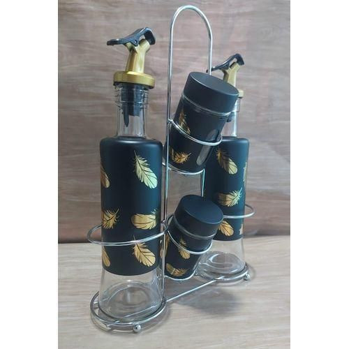 5in 1 Seasoning Set Glass Oil And Vinegar Dispensers With Salt Shakers And Organizer Stand