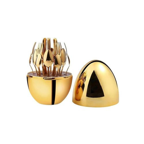 24-Piece Gold Cutlery Set with Oval Shaped Stand.
