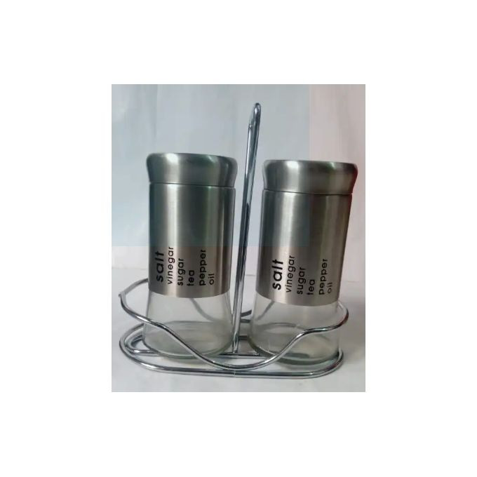 Set Of 2 Glass salt & Pepper shaker with Steel Stand - Silver