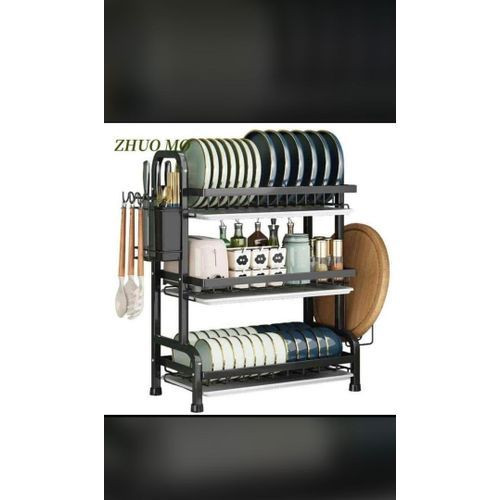 Hm Dish Drying Rack, 3-Tier Large Capacity Kitchen Dish Rack Drainboard Set,Carbon Steel Dish Drainer Rack With Drip Tray & Utensil Holder, Cutting Board Holder And Dish Drainer For Kitchen (Black)