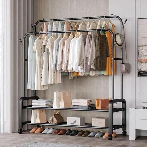 Generix Steel Carbon Double Pole Coat Rack Indoor Bedroom Clothes Drying Rail Balcony Hanging Clothes Shoes Rack Standing Storage Organizer - Multi Color