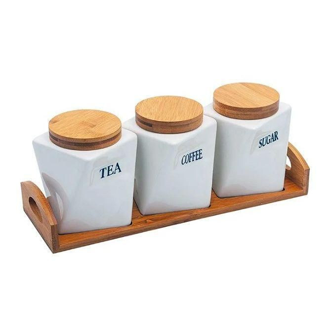 3 Canisters Set With Wooden Wavey Stand Tray & Bamboo Lid Condiment Airtight Jars Set- White.