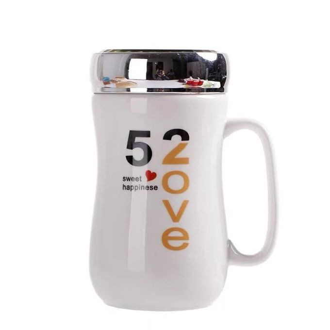 Ceramic Tea Coffee Mug Gift Cup With Lid -White