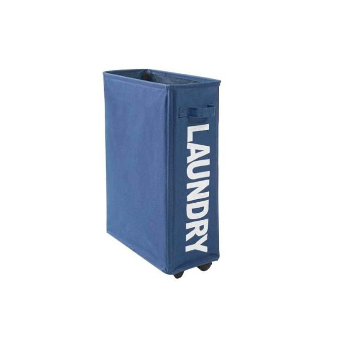 Slim Laundry Basket with Wheels, 23 Inch Rolling Laundry Hamper Collapsible Corner Storage Bins with Handle & Drawstring Mesh Cover for Dirty Clothes/Toys Storage L39xW18.5xH58cm(Navy Blue)