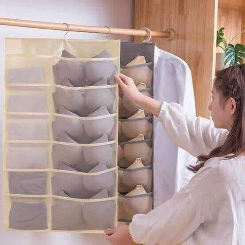 Double Sided 30 Pockets Clear Hanging Bag Socks Bra Underwear Rack Hanger Storage Organizer Wall Closet Shelves Non Woven Matrial (Ivory Pack Of Clothing, Beige) multicolor