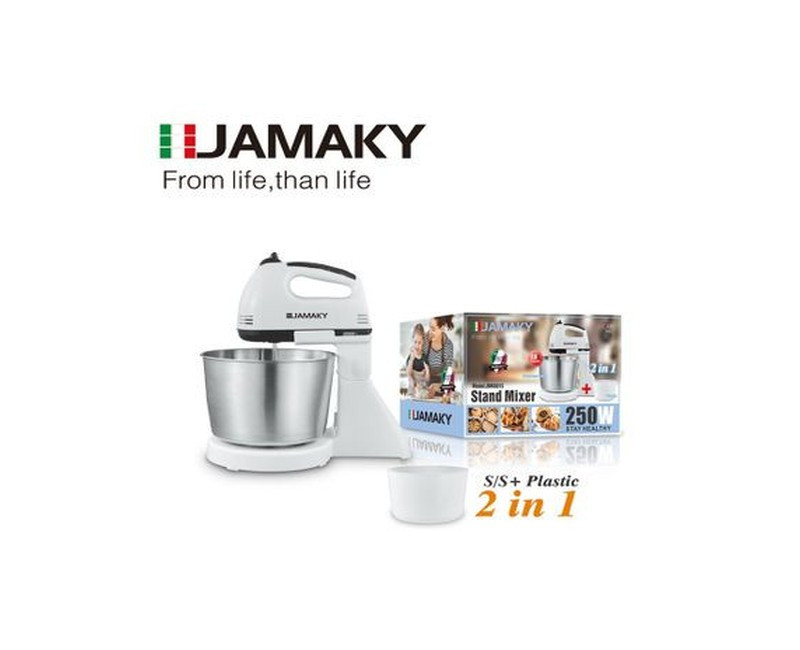 Jamaky 250W 2L 7-Speed Control Stand Mixer With 2 Bowls - White