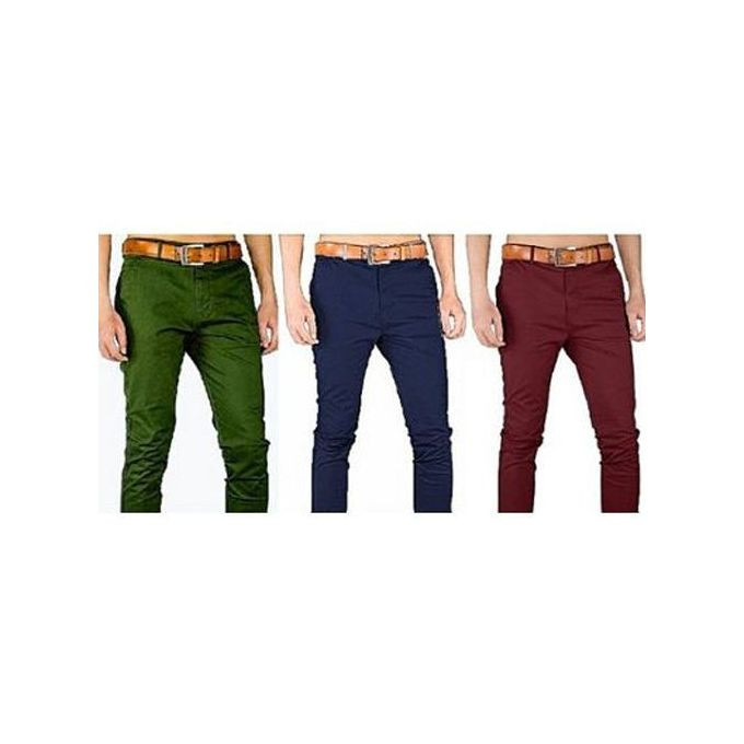 3 Pack of Men's Khaki Stretcher Trousers - Navy Blue, Army Green, Maroon