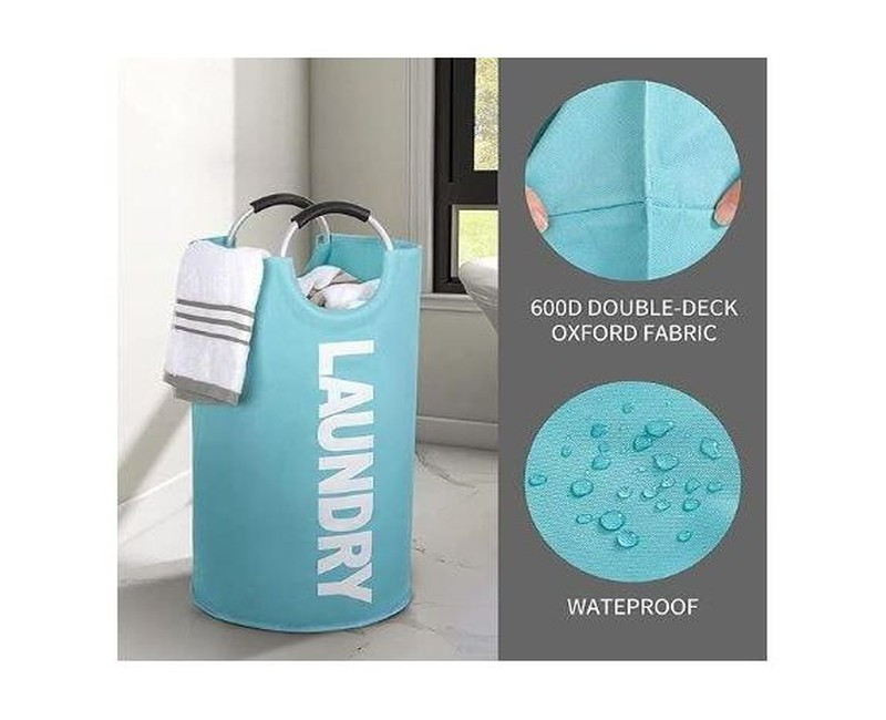 81L Large Laundry Basket Collapsible Fabric Laundry Hamper Tall Foldable Laundry Bag Handles Waterproof Portable Washing Bin Folding Clothes Bag Travel Shopping Bathroom College (Light Blue,L)