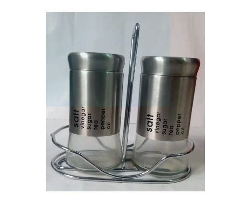 Set of 2 Glass Salt & Pepper Shakers with Stainless Steel Stand - Silver